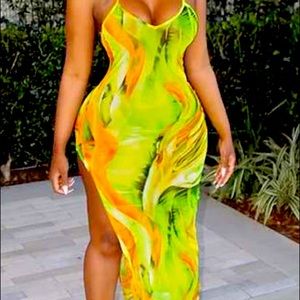 Yellow Sexy Printed Maxi Hem Slip Dress